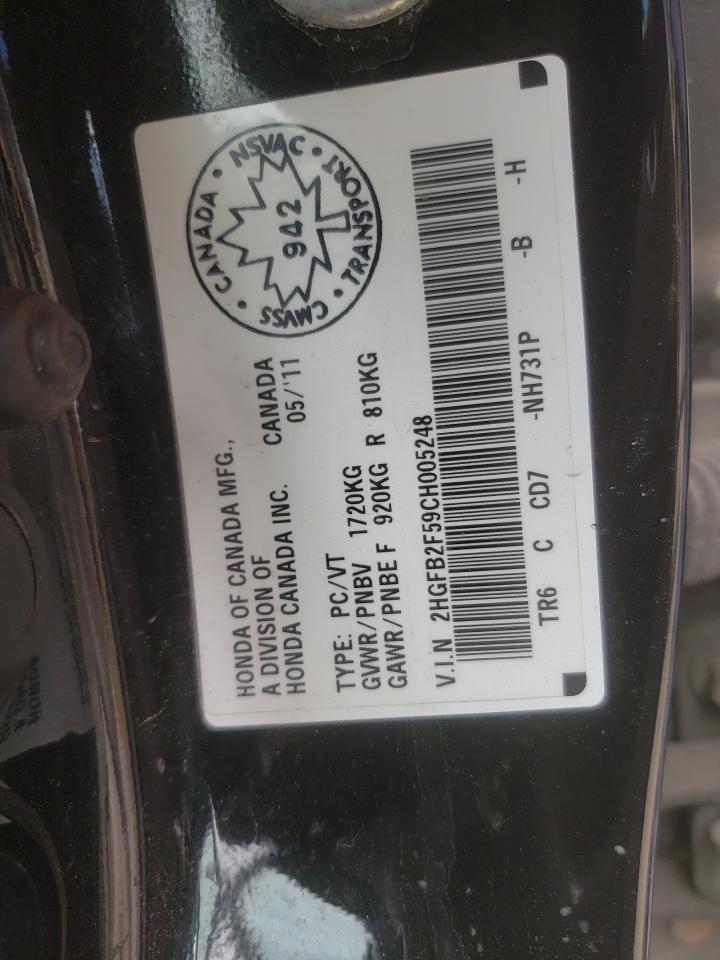 Photo 10 from auction – 2012 HONDA CIVIC LX with VIN 2HGFB2F59CH005248