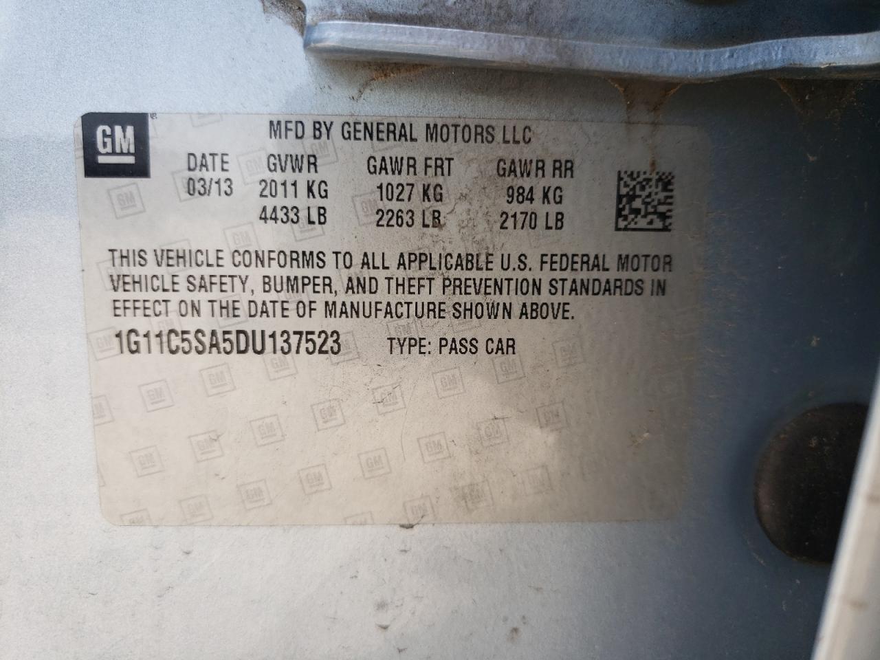 Photo 10 from auction – 2013 CHEVROLET MALIBU 1LT with VIN 1G11C5SA5DU137523