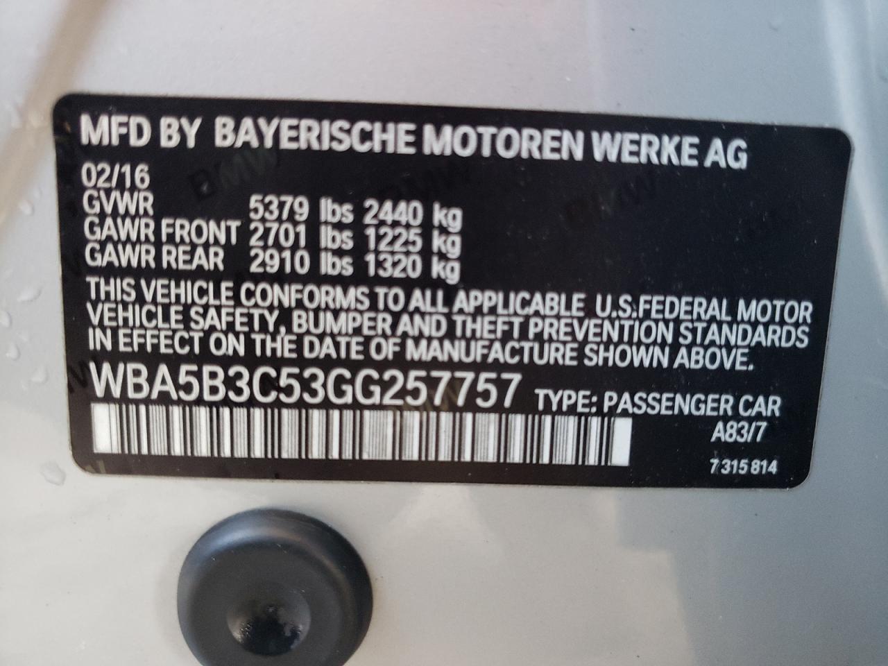 Photo 10 from auction – 2016 BMW 535 XI with VIN WBA5B3C53GG257757