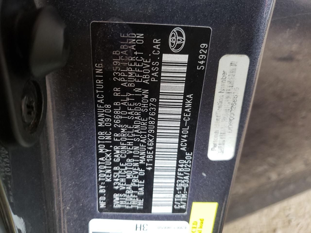 Photo 10 from auction – 2009 TOYOTA CAMRY BASE with VIN 4T1BE46K79U876379