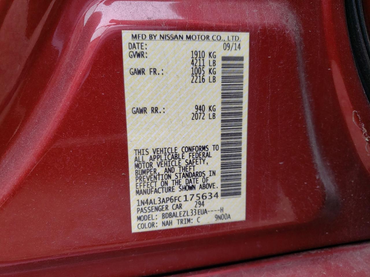 Photo 10 from auction – 2015 NISSAN ALTIMA 2.5 with VIN 1N4AL3AP6FC175634