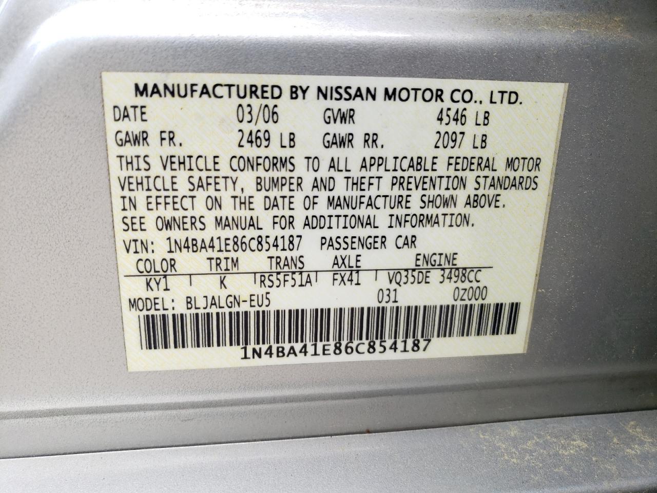 Photo 10 from auction – 2006 NISSAN MAXIMA SE with VIN 1N4BA41E86C854187