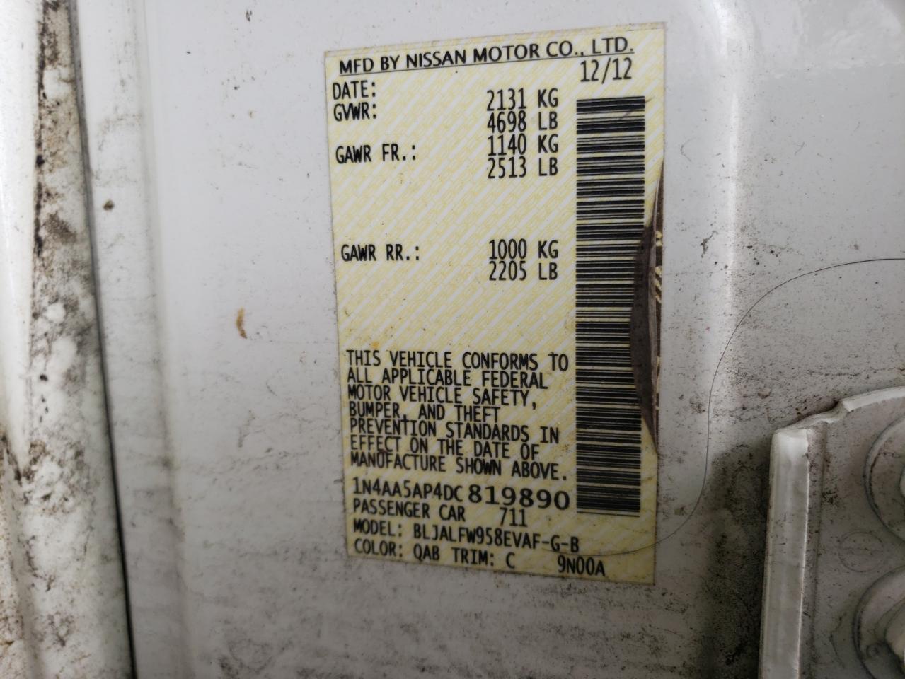 Photo 10 from auction – 2013 NISSAN MAXIMA S with VIN 1N4AA5AP4DC819890