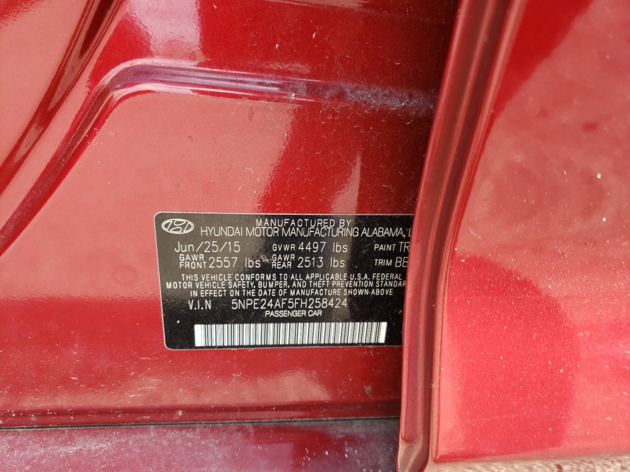 Photo 10 from auction – 2015 HYUNDAI SONATA SE with VIN 5NPE24AF5FH258424