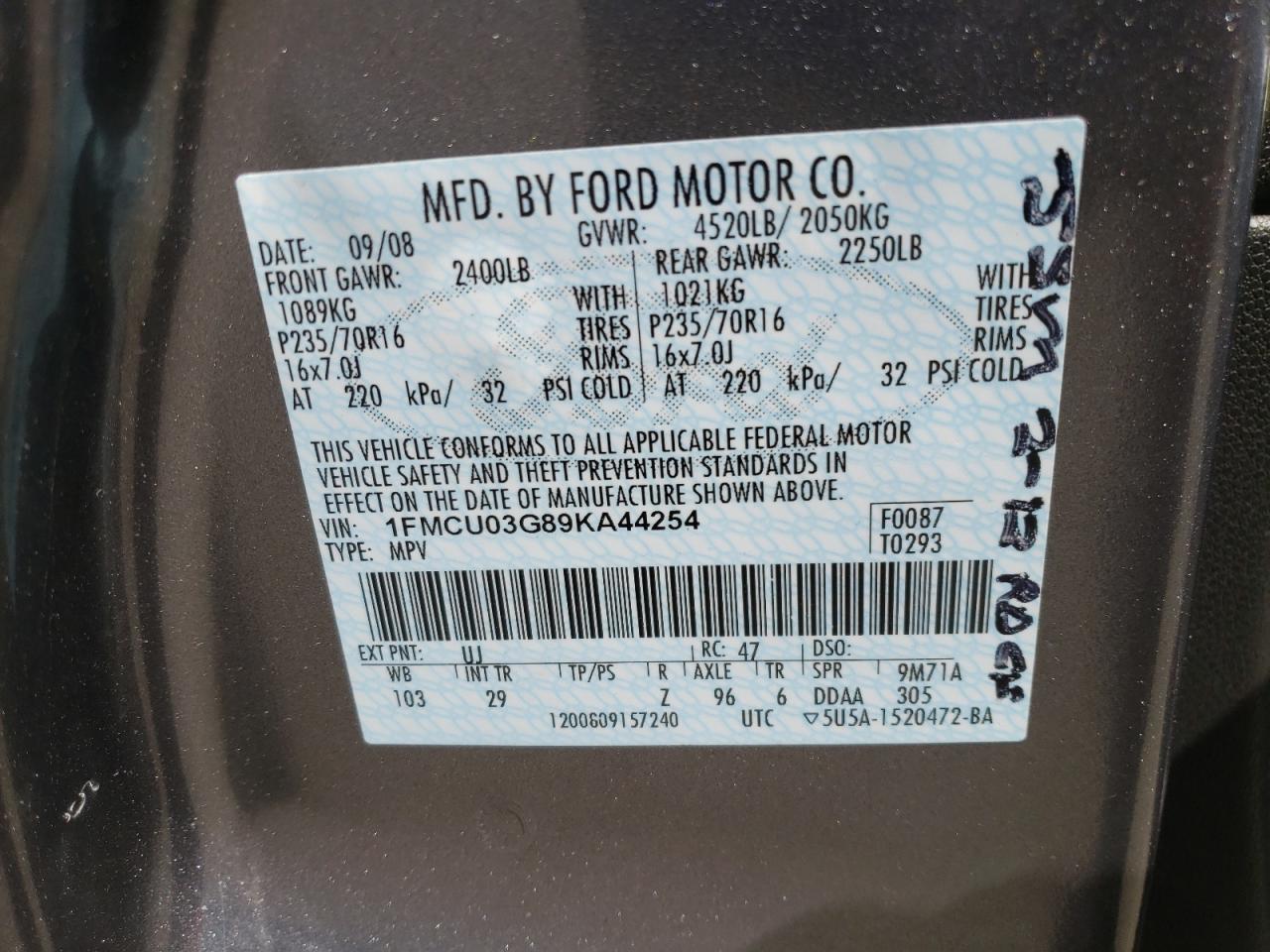 Photo 10 from auction – 2009 FORD ESCAPE XLT with VIN 1FMCU03G89KA44254