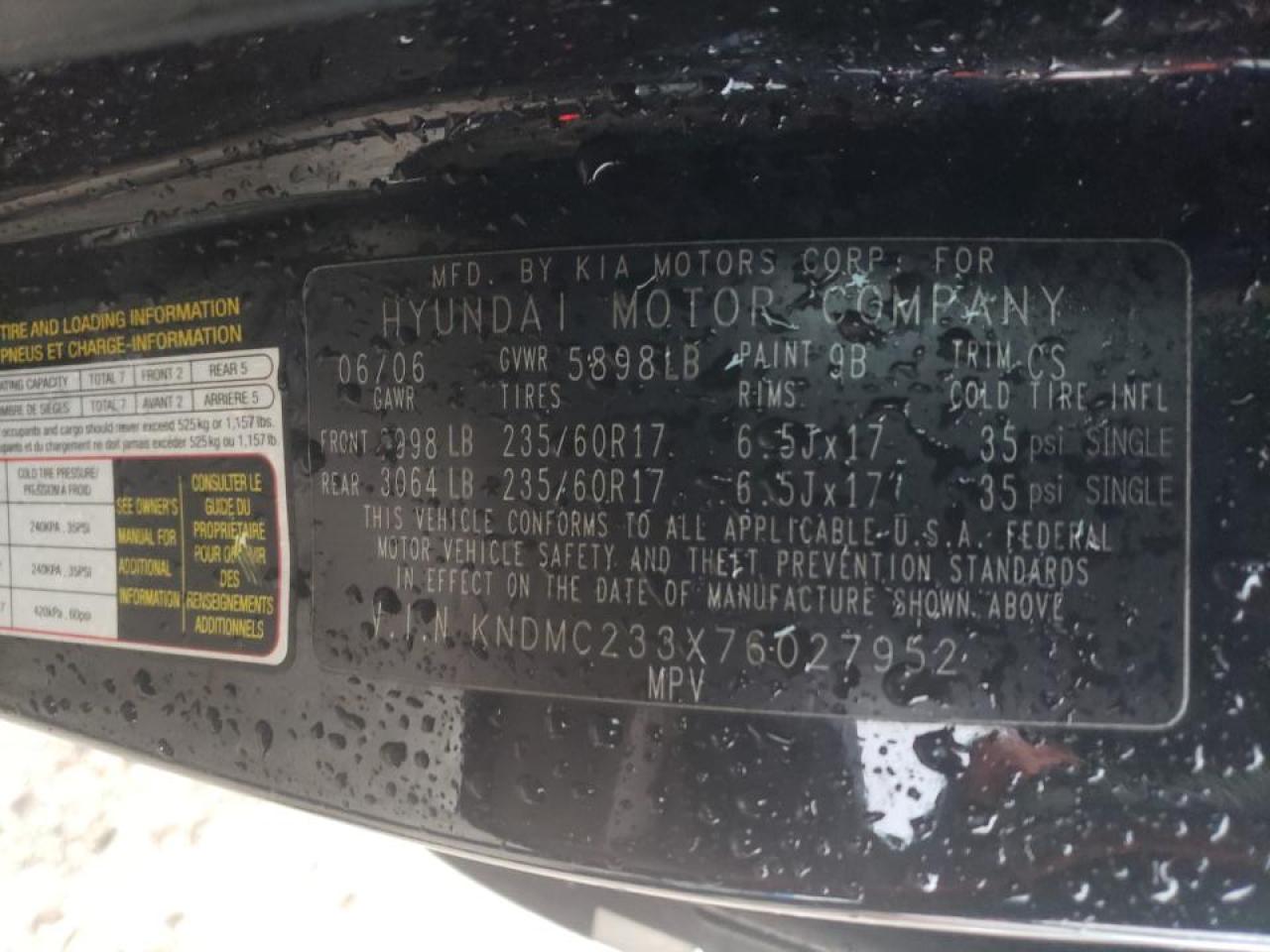 Photo 10 from auction – 2007 HYUNDAI ENTOURAGE with VIN KNDMC233X76027952