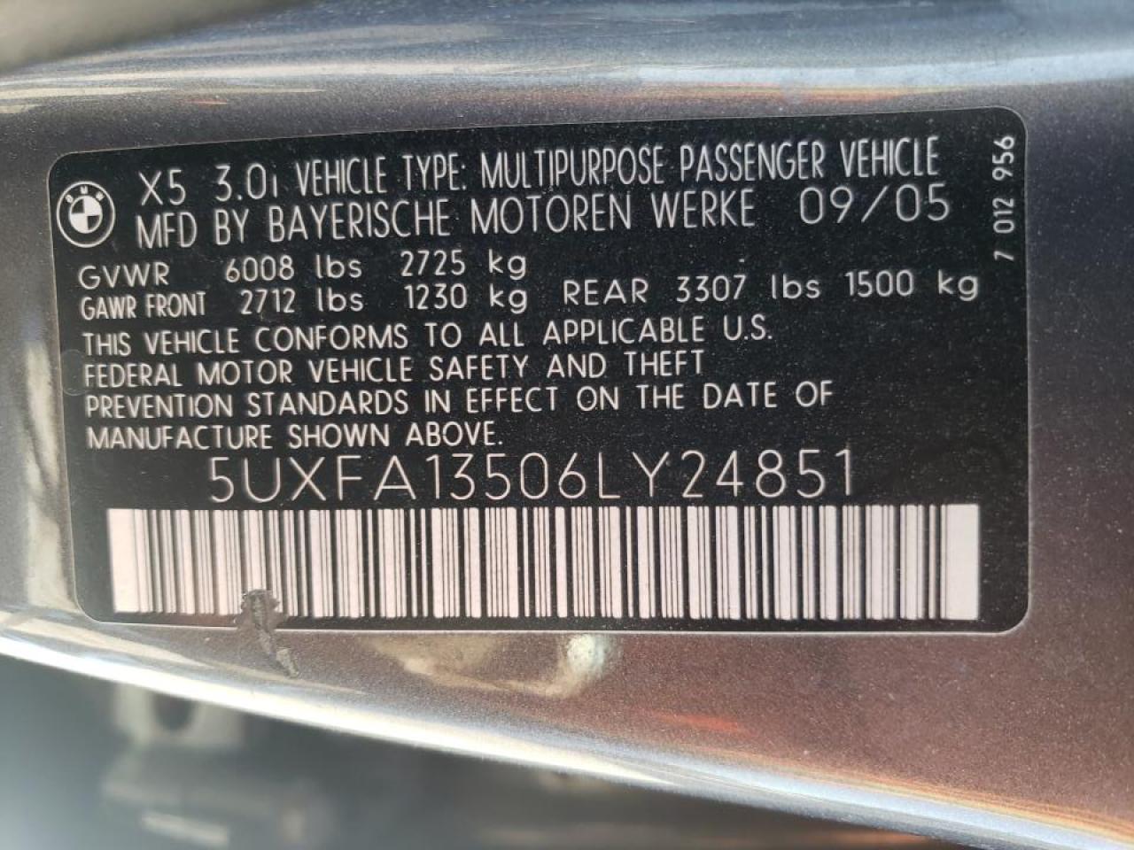 Photo 10 from auction – 2006 BMW X5 3.0I with VIN 5UXFA13506LY24851