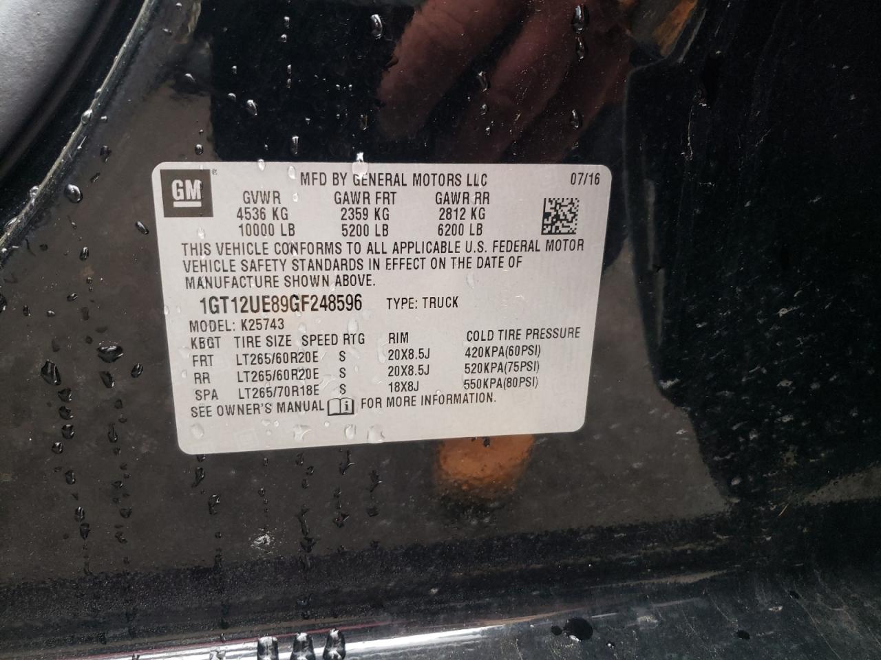 Photo 10 from auction – 2016 GMC SIERRA K25 with VIN 1GT12UE89GF248596
