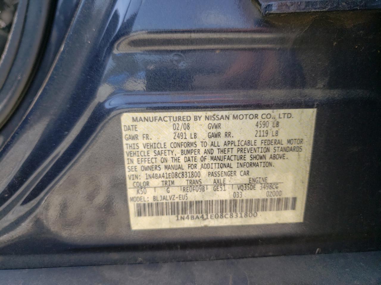 Photo 10 from auction – 2008 NISSAN MAXIMA SE with VIN 1N4BA41E08C831800