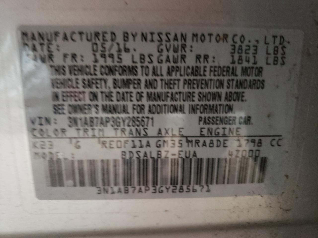 Photo 10 from auction – 2016 NISSAN SENTRA S with VIN 3N1AB7AP3GY285671