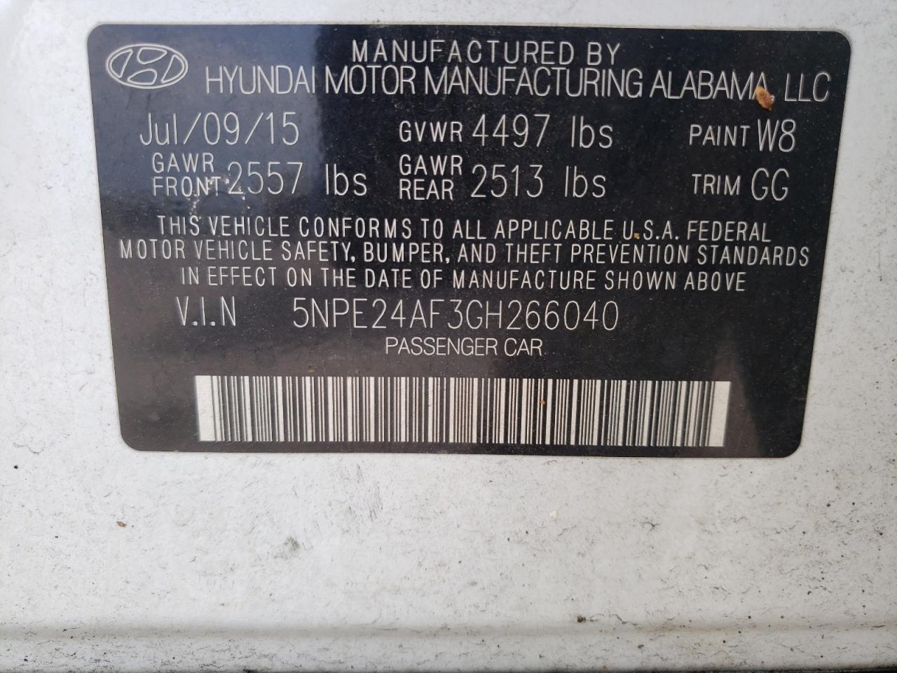 Photo 10 from auction – 2016 HYUNDAI SONATA SE with VIN 5NPE24AF3GH266040