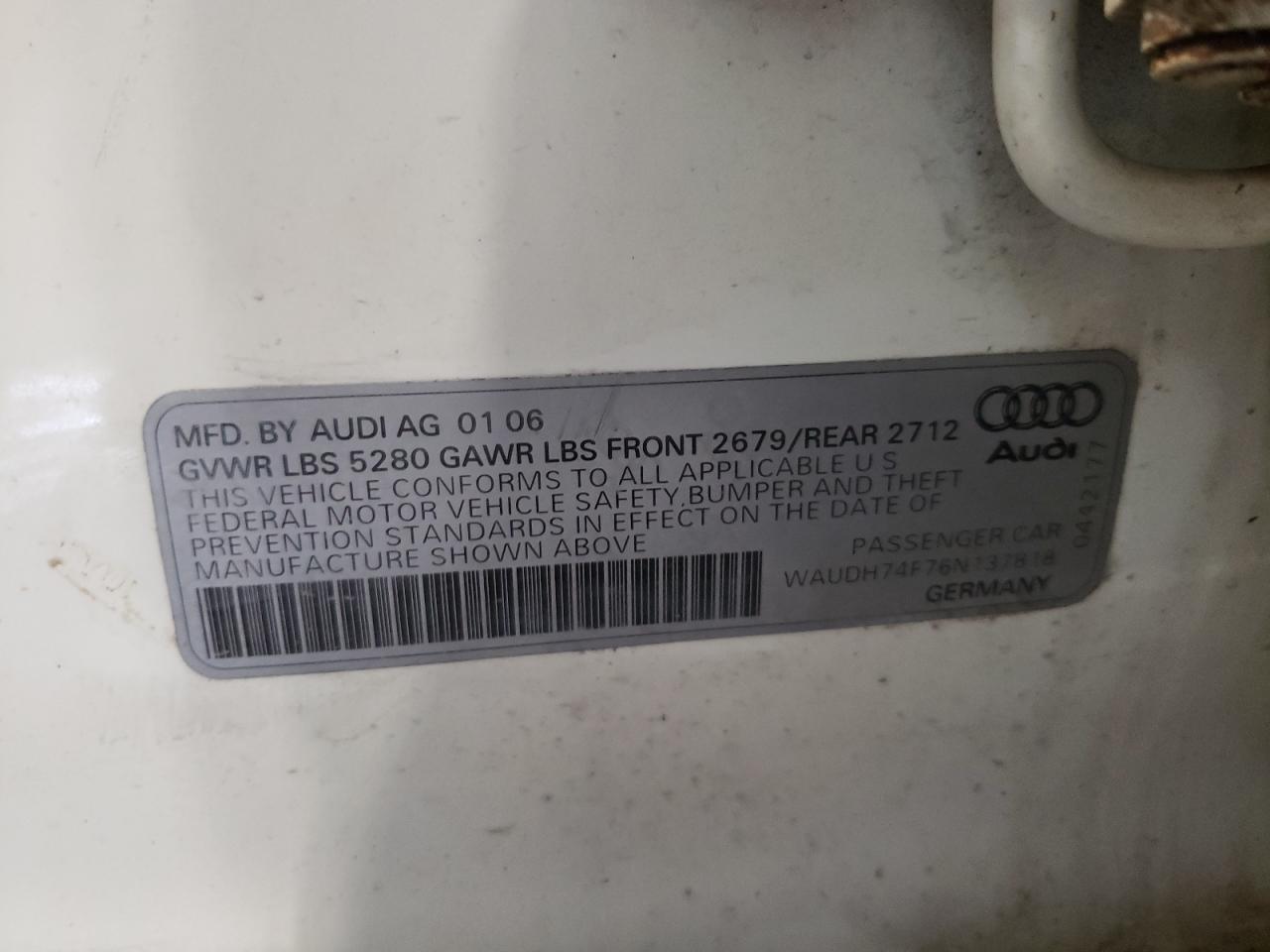 Photo 10 from auction – 2006 AUDI A6 3.2 QUA with VIN WAUDH74F76N137818