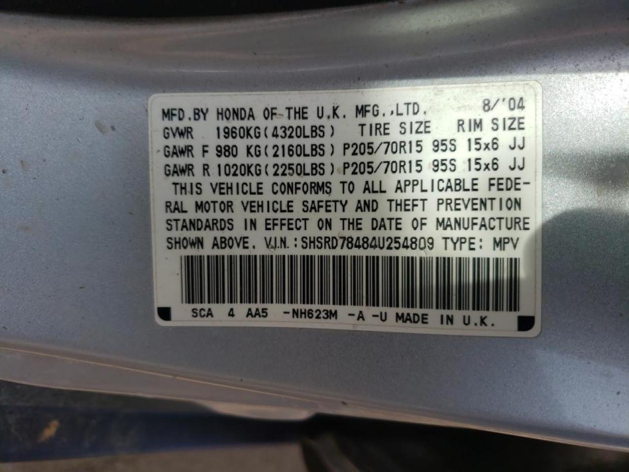 Photo 10 from auction – 2004 HONDA CR-V LX with VIN SHSRD78484U254809