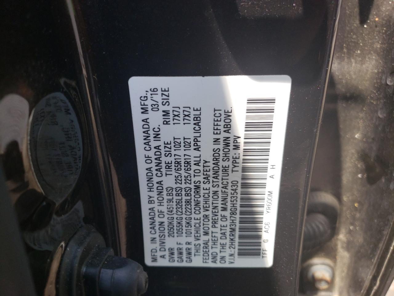 Photo 10 from auction – 2016 HONDA CR-V EXL with VIN 2HKRM3H78GH535430