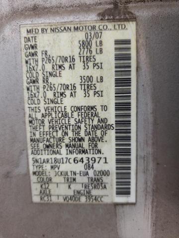 Photo 10 from auction – 2007 NISSAN PATHFINDER with VIN 5N1AR18U17C643971