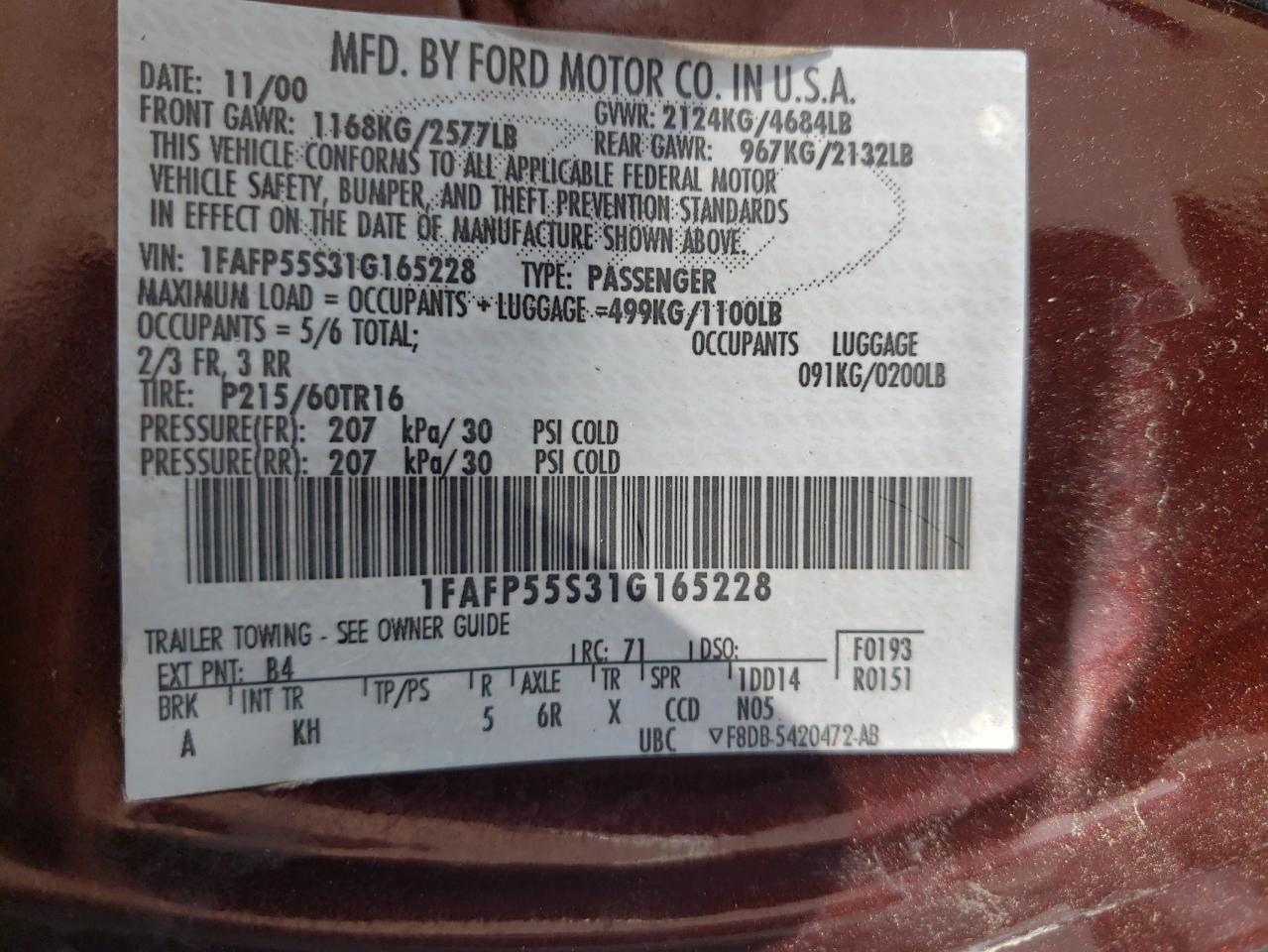 Photo 10 from auction – 2001 FORD TAURUS SES with VIN 1FAFP55S31G165228