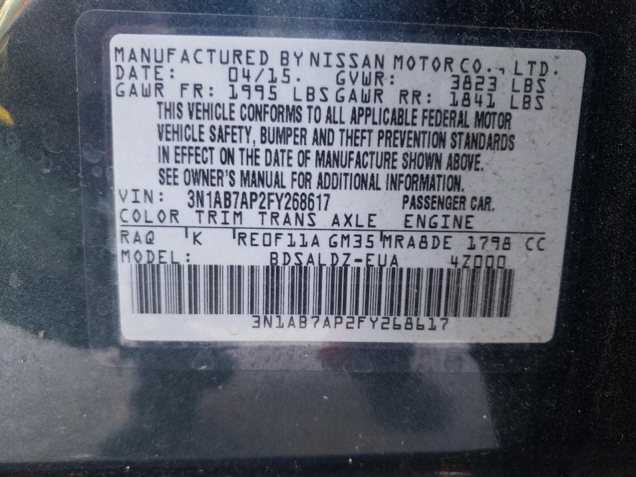 Photo 10 from auction – 2015 NISSAN SENTRA S with VIN 3N1AB7AP2FY268617