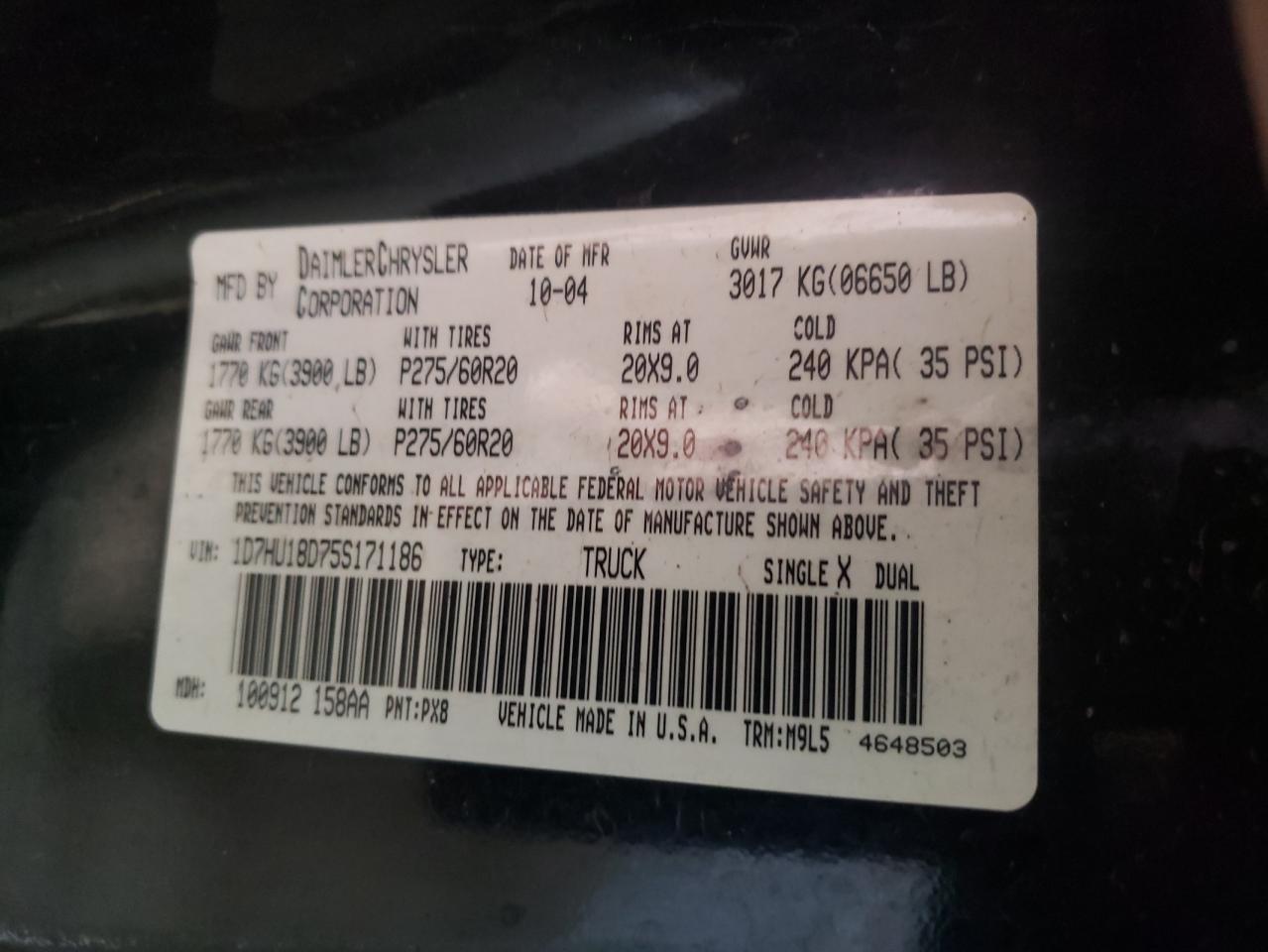 Photo 10 from auction – 2005 DODGE RAM 1500 S with VIN 1D7HU18D75S171186