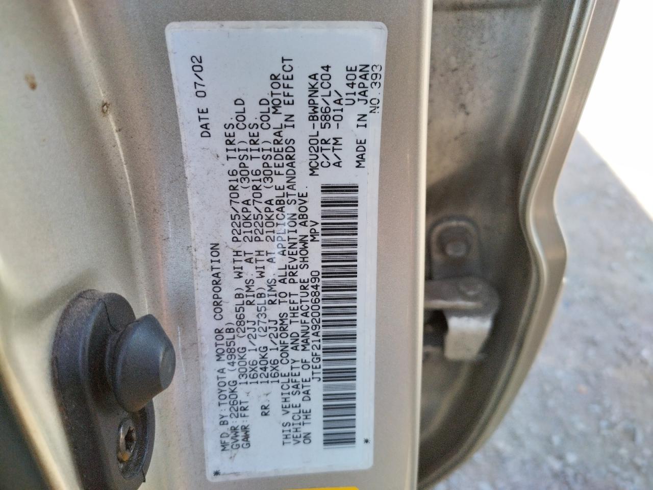 Photo 10 from auction – 2002 TOYOTA HIGHLANDER with VIN JTEGF21A920068490