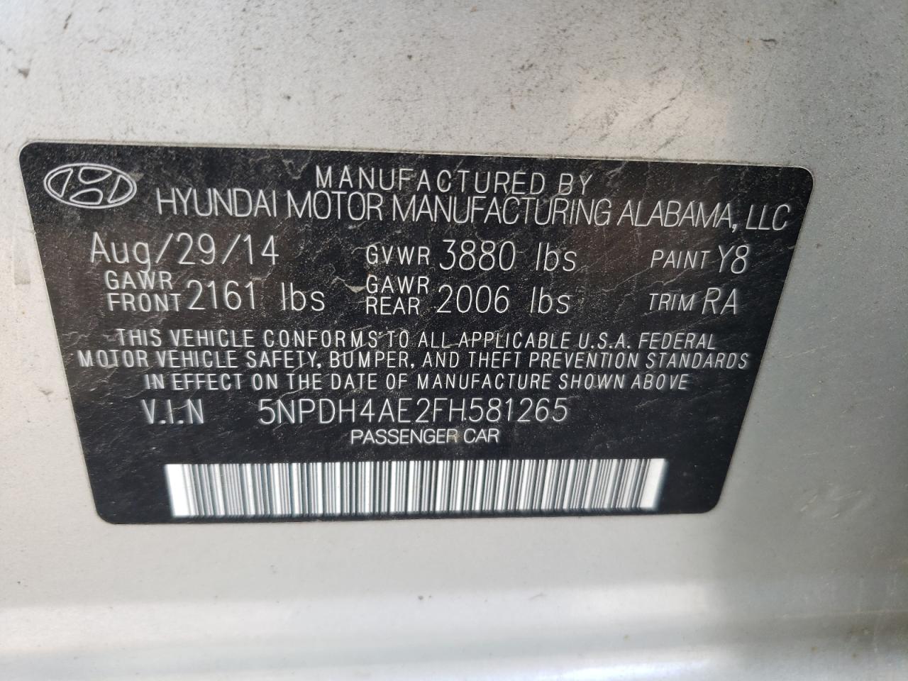 Photo 10 from auction – 2015 HYUNDAI ELANTRA SE with VIN 5NPDH4AE2FH581265