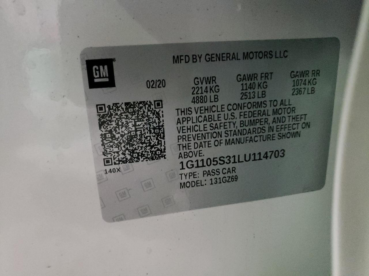 Photo 10 from auction – 2020 CHEVROLET IMPALA PRE with VIN 1G1105S31LU114703