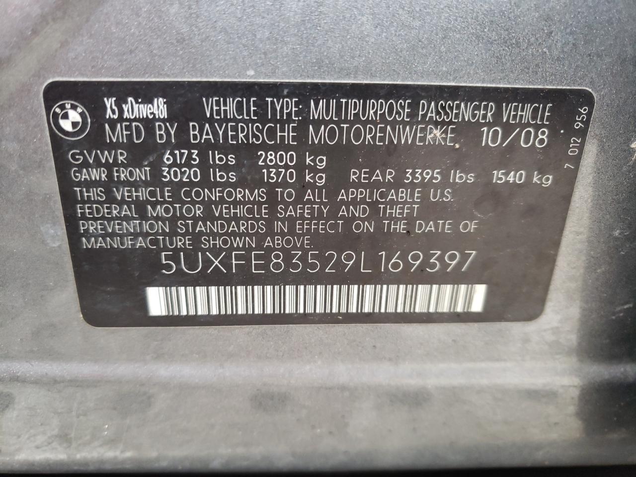 Photo 10 from auction – 2009 BMW X5 XDRIVE4 with VIN 5UXFE83529L169397