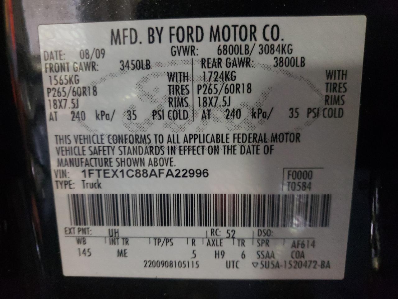 Photo 10 from auction – 2010 FORD F150 SUPER with VIN 1FTEX1C88AFA22996