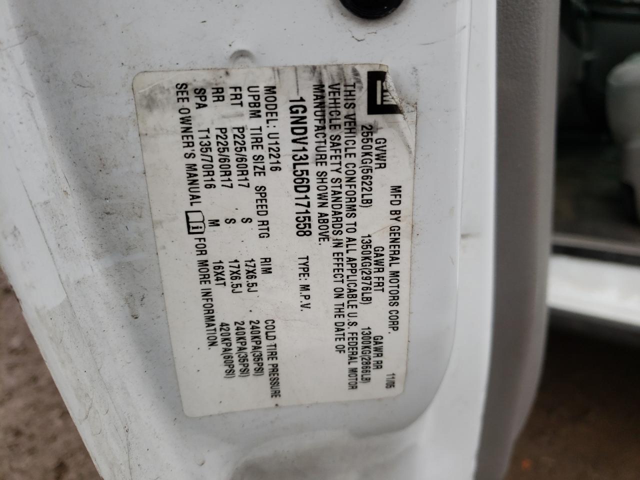Photo 10 from auction – 2006 CHEVROLET UPLANDER with VIN 1GNDV13L56D171558