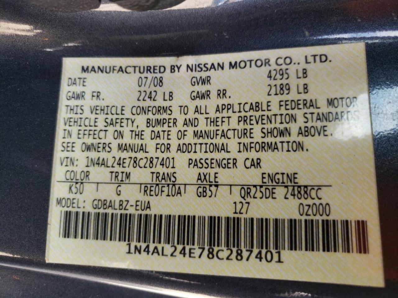 Photo 10 from auction – 2008 NISSAN ALTIMA 2.5 with VIN 1N4AL24E78C287401