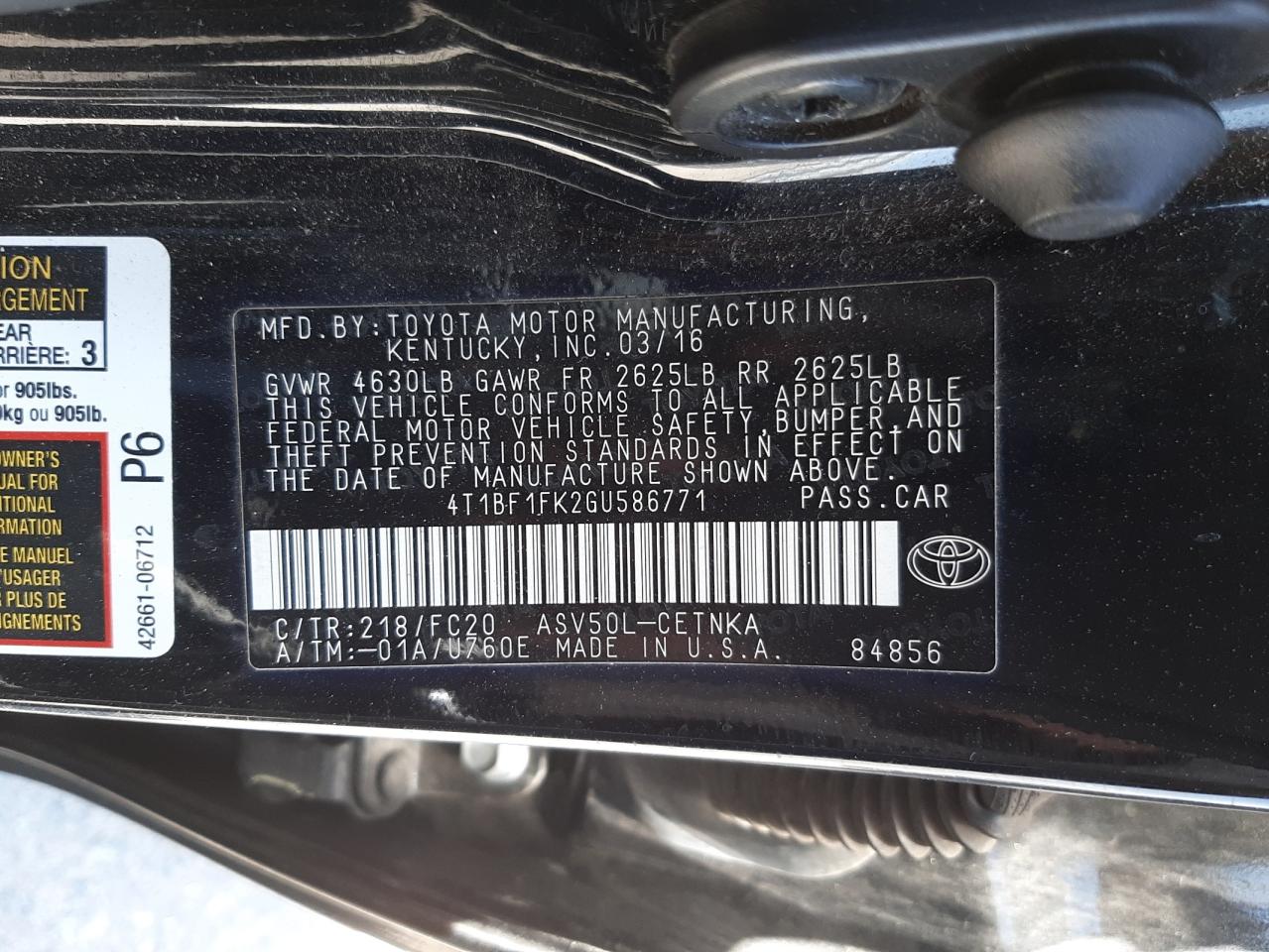 Photo 10 from auction – 2016 TOYOTA CAMRY LE with VIN 4T1BF1FK2GU586771