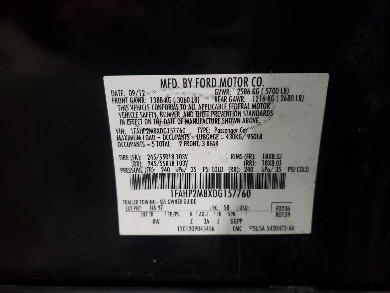 Photo 10 from auction – 2013 FORD TAURUS POL with VIN 1FAHP2M8XDG157760