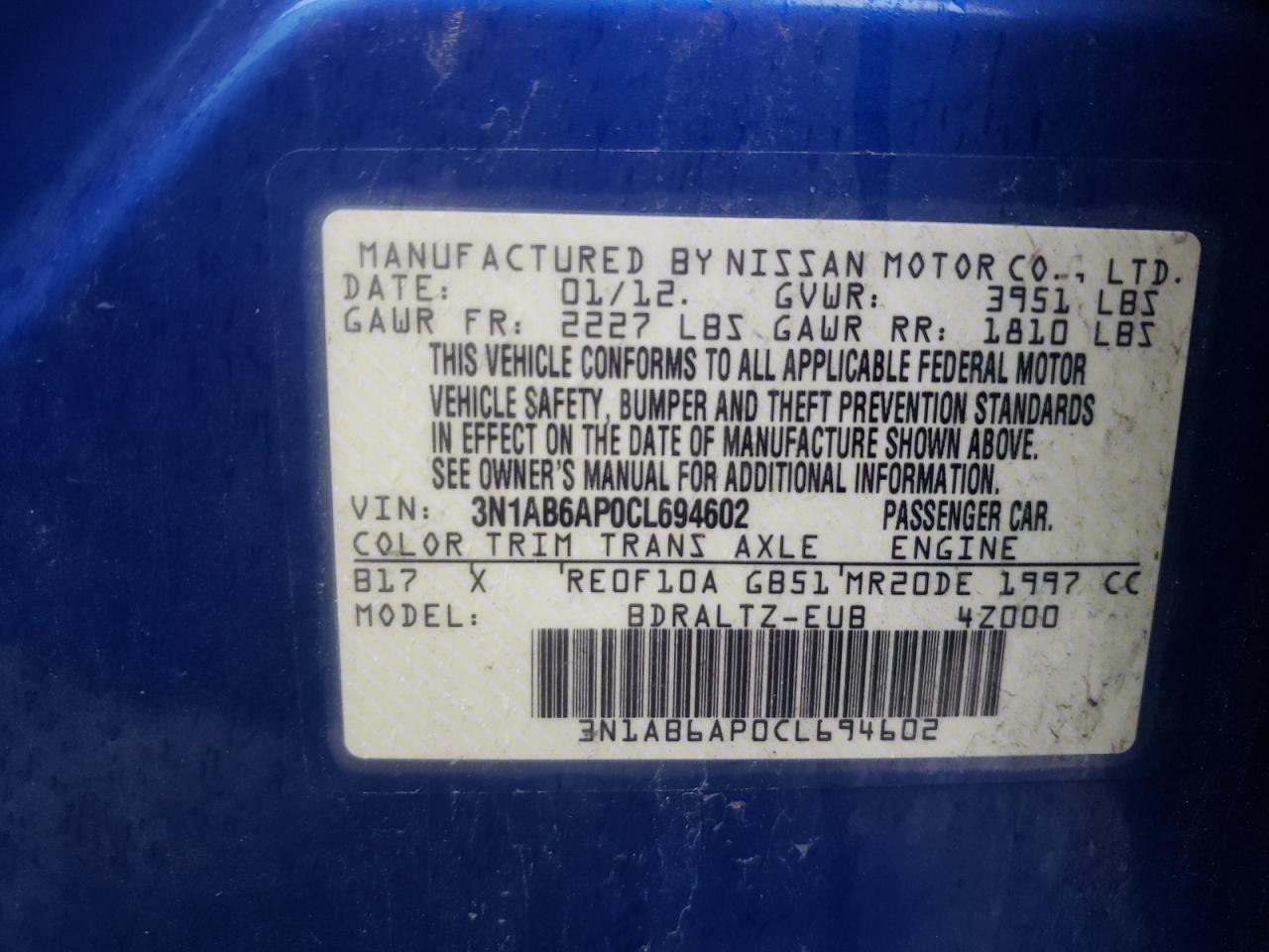 Photo 10 from auction – 2012 NISSAN SENTRA 2.0 with VIN 3N1AB6AP0CL694602