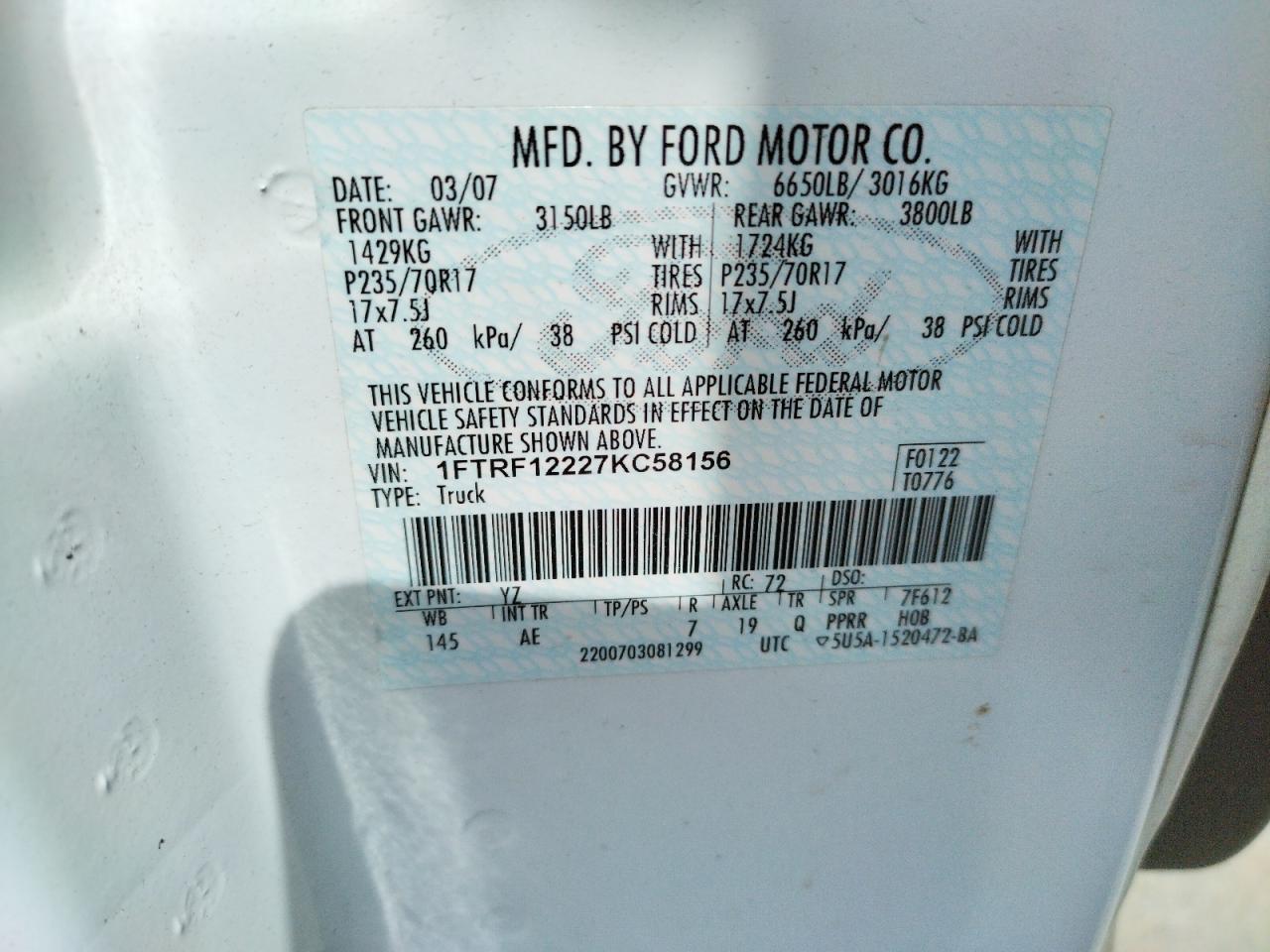 Photo 10 from auction – 2007 FORD F150 with VIN 1FTRF12227KC58156
