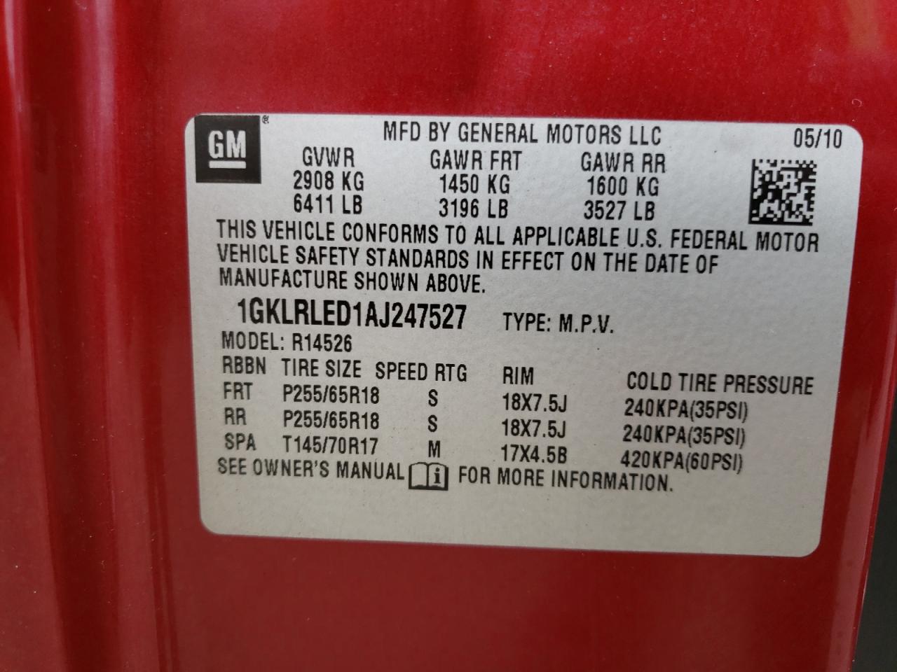 Photo 10 from auction – 2010 GMC ACADIA SLE with VIN 1GKLRLED1AJ247527