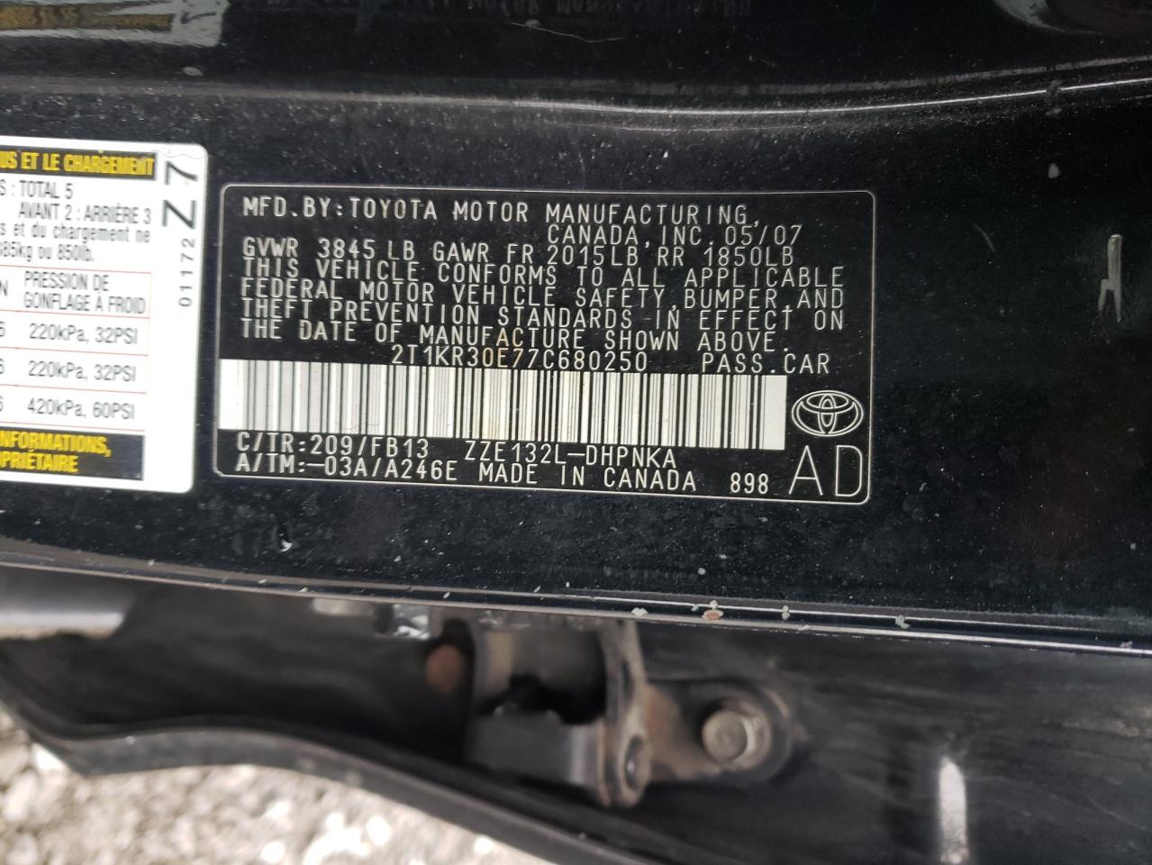 Photo 10 from auction – 2007 TOYOTA COROLLA MA with VIN 2T1KR30E77C680250