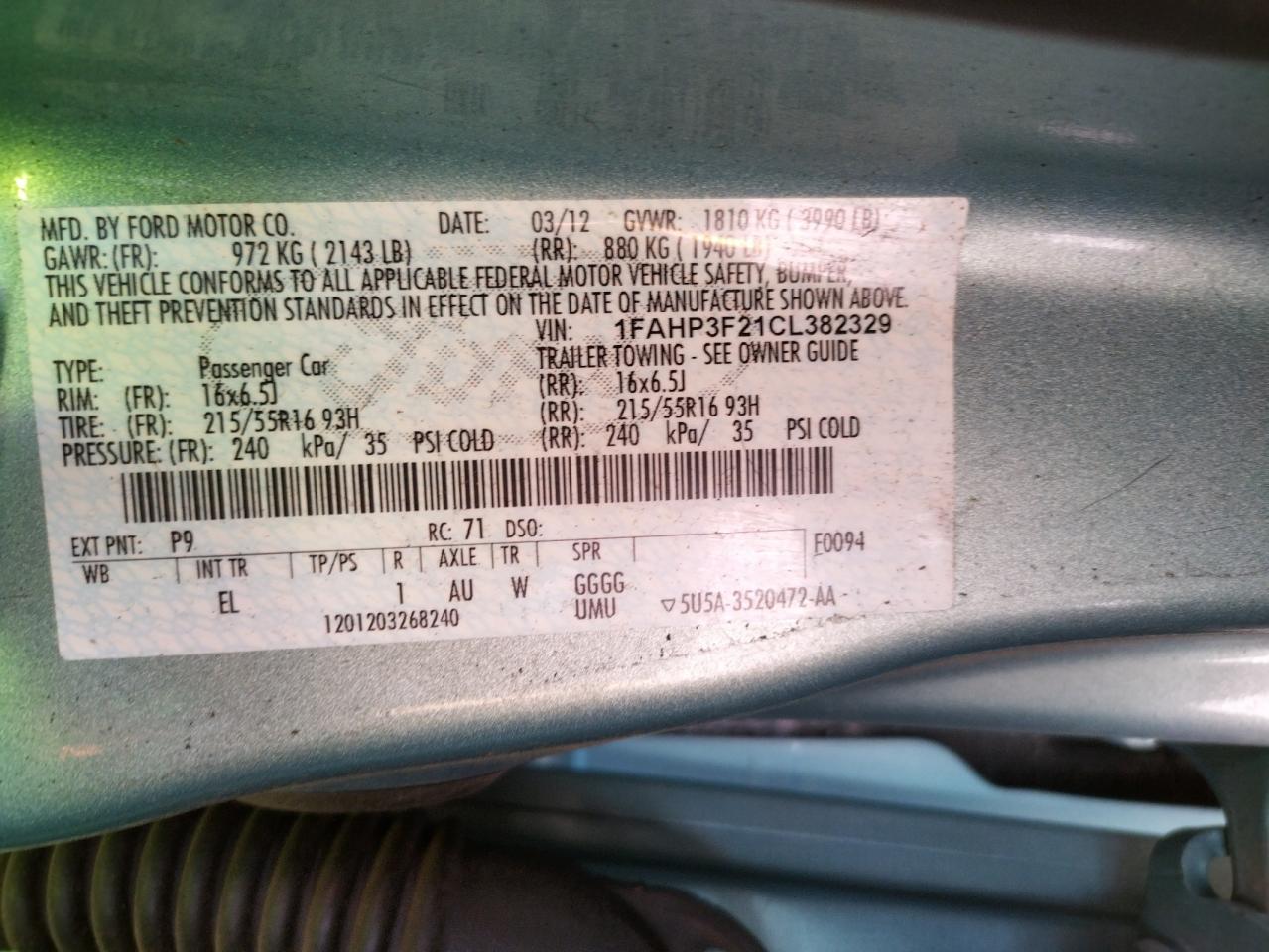 Photo 10 from auction – 2012 FORD FOCUS SE with VIN 1FAHP3F21CL382329