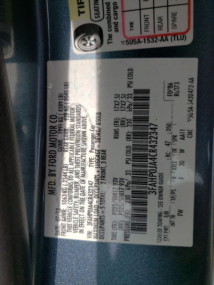 Photo 10 from auction – 2012 FORD FUSION SEL with VIN 3FAHP0JA4CR432347