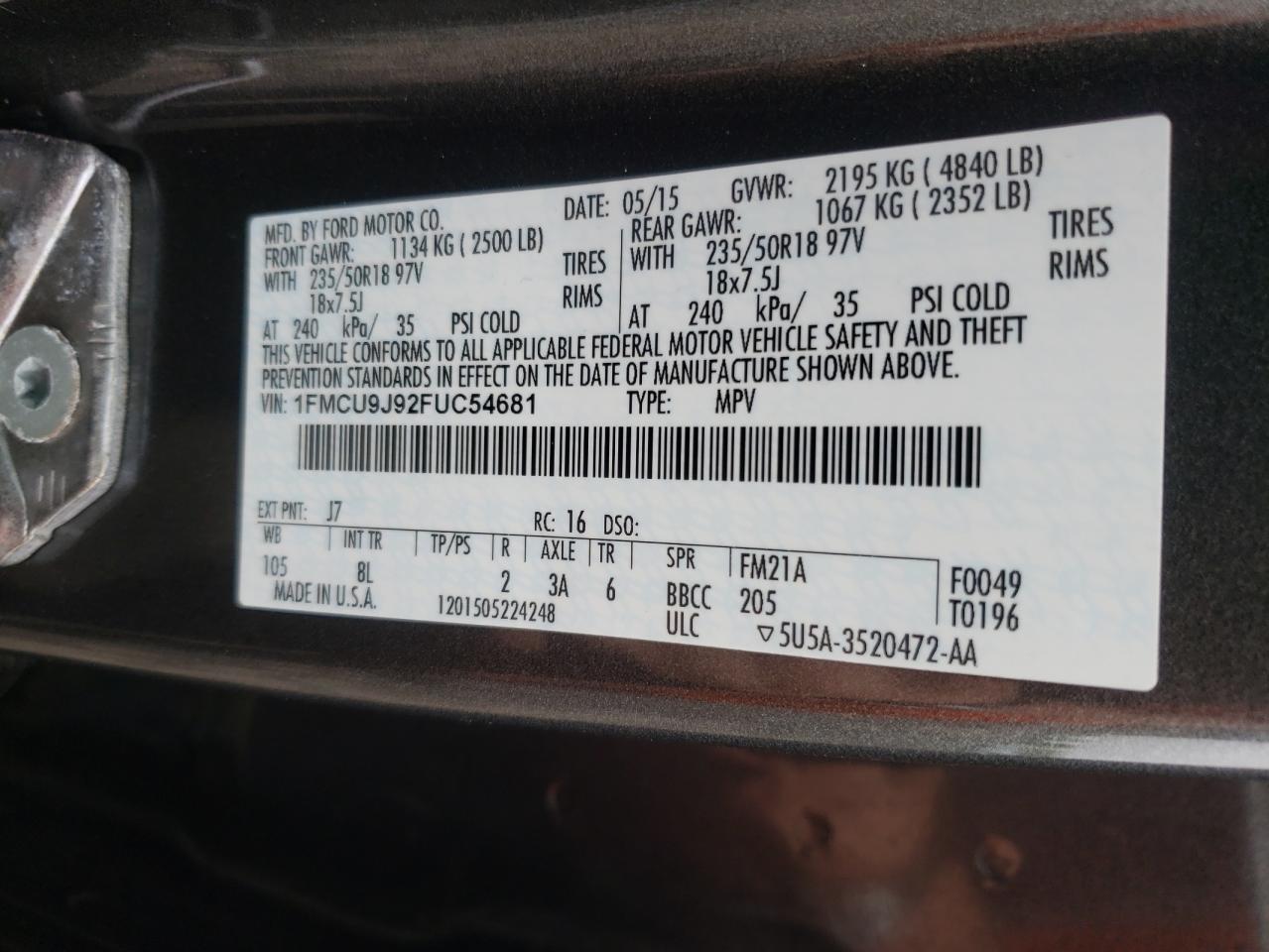 Photo 10 from auction – 2015 FORD ESCAPE TIT with VIN 1FMCU9J92FUC54681