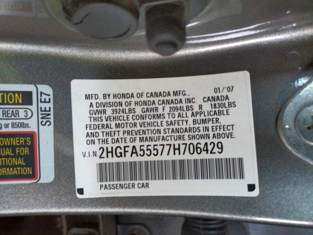 Photo 10 from auction – 2007 HONDA CIVIC SI with VIN 2HGFA55577H706429