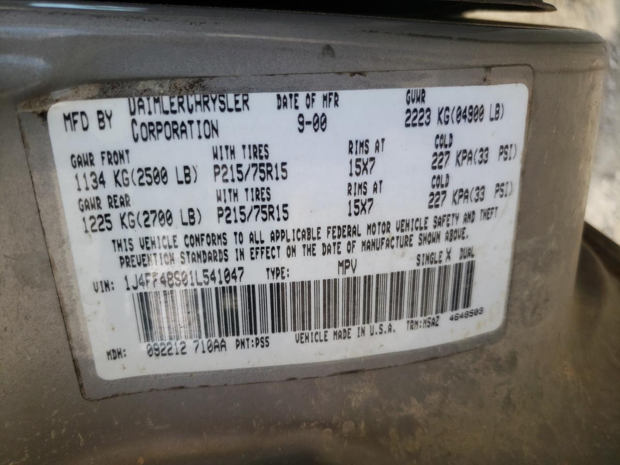 Photo 10 from auction – 2001 JEEP CH PIONEER with VIN 1J4FF48S01L541047