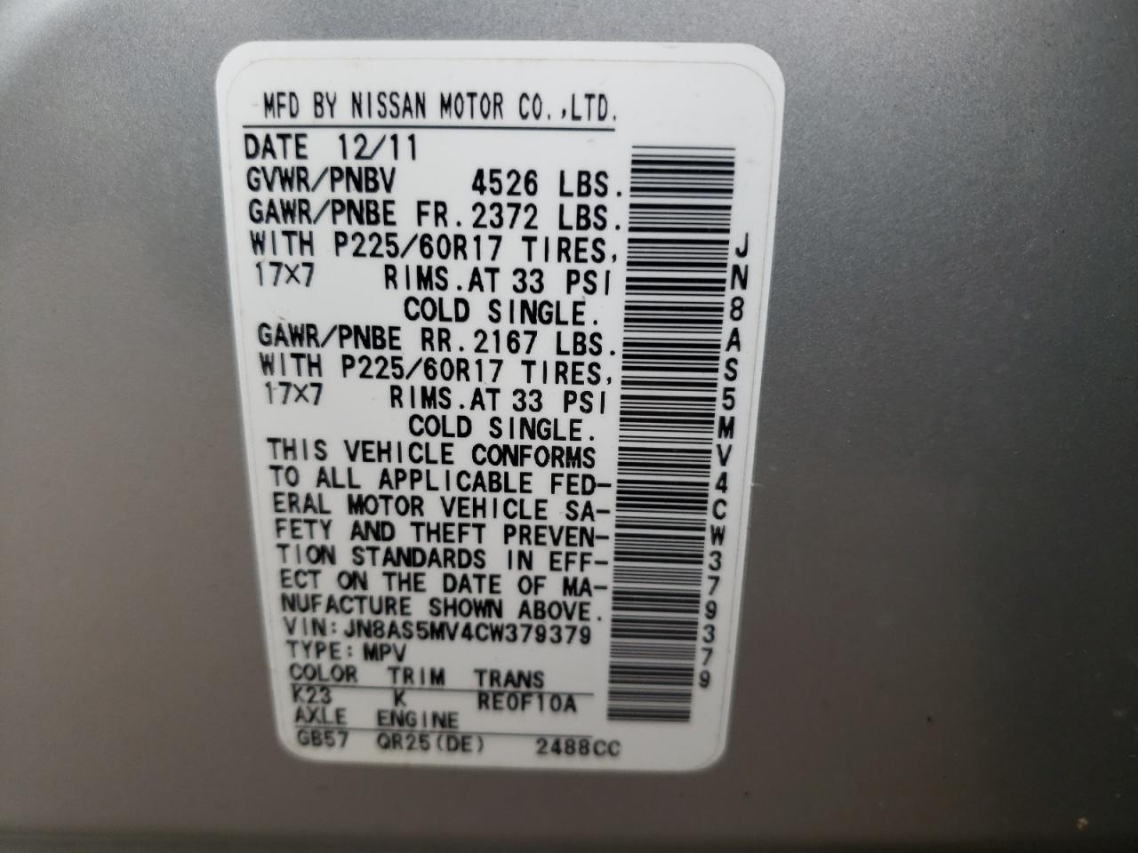 Photo 10 from auction – 2012 NISSAN ROGUE S with VIN JN8AS5MV4CW379379