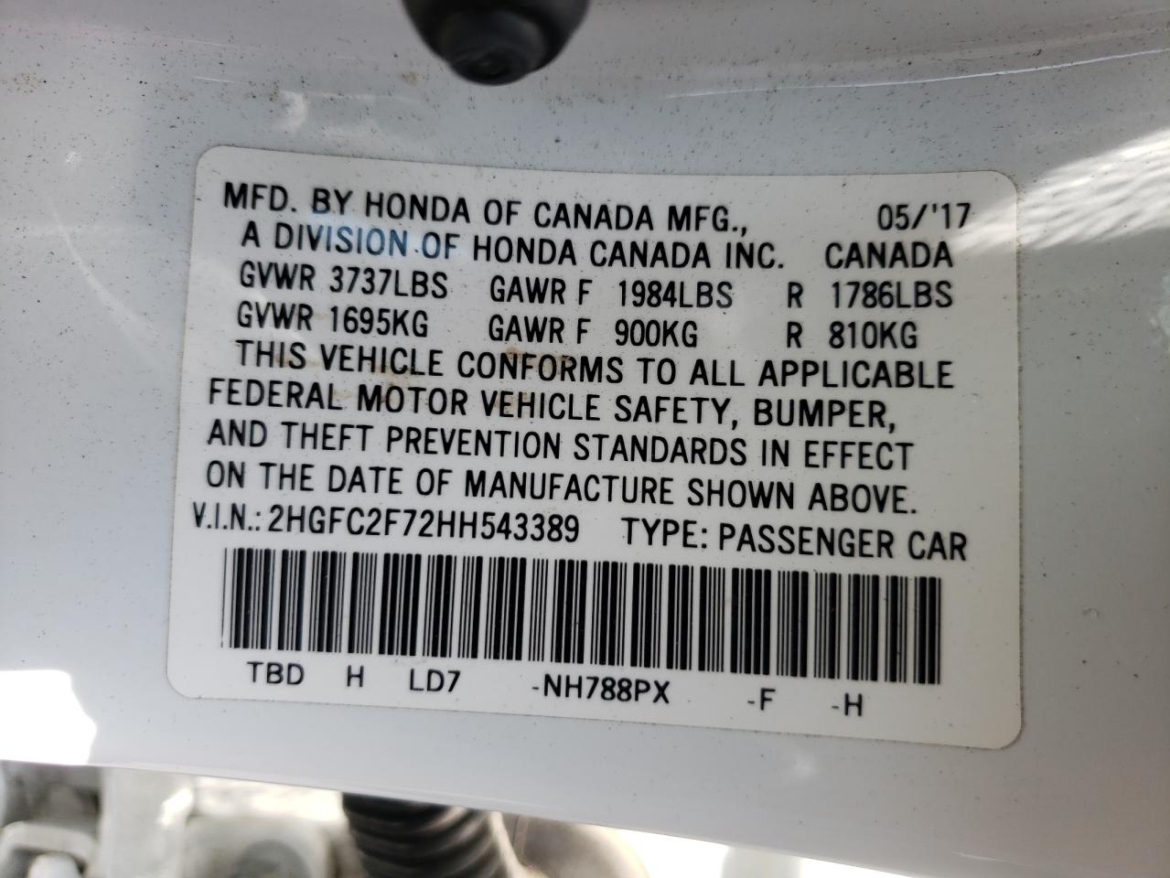 Photo 10 from auction – 2017 HONDA CIVIC EX with VIN 2HGFC2F72HH543389