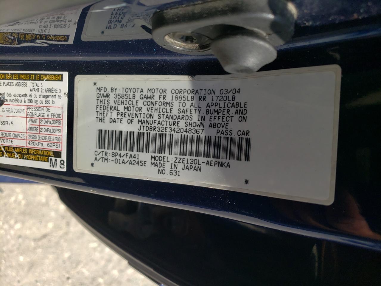 Photo 10 from auction – 2004 TOYOTA COROLLA CE with VIN JTDBR32E342048367