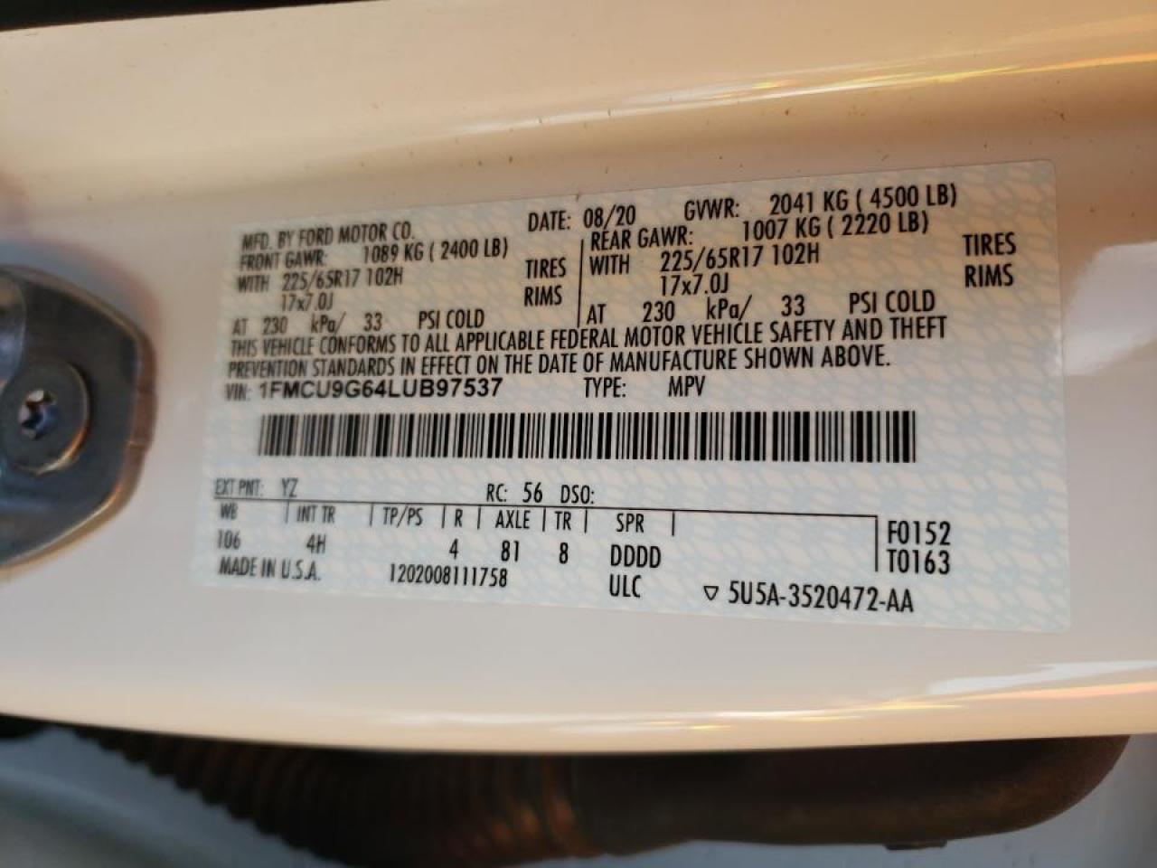 Photo 10 from auction – 2020 FORD ESCAPE SE with VIN 1FMCU9G64LUB97537