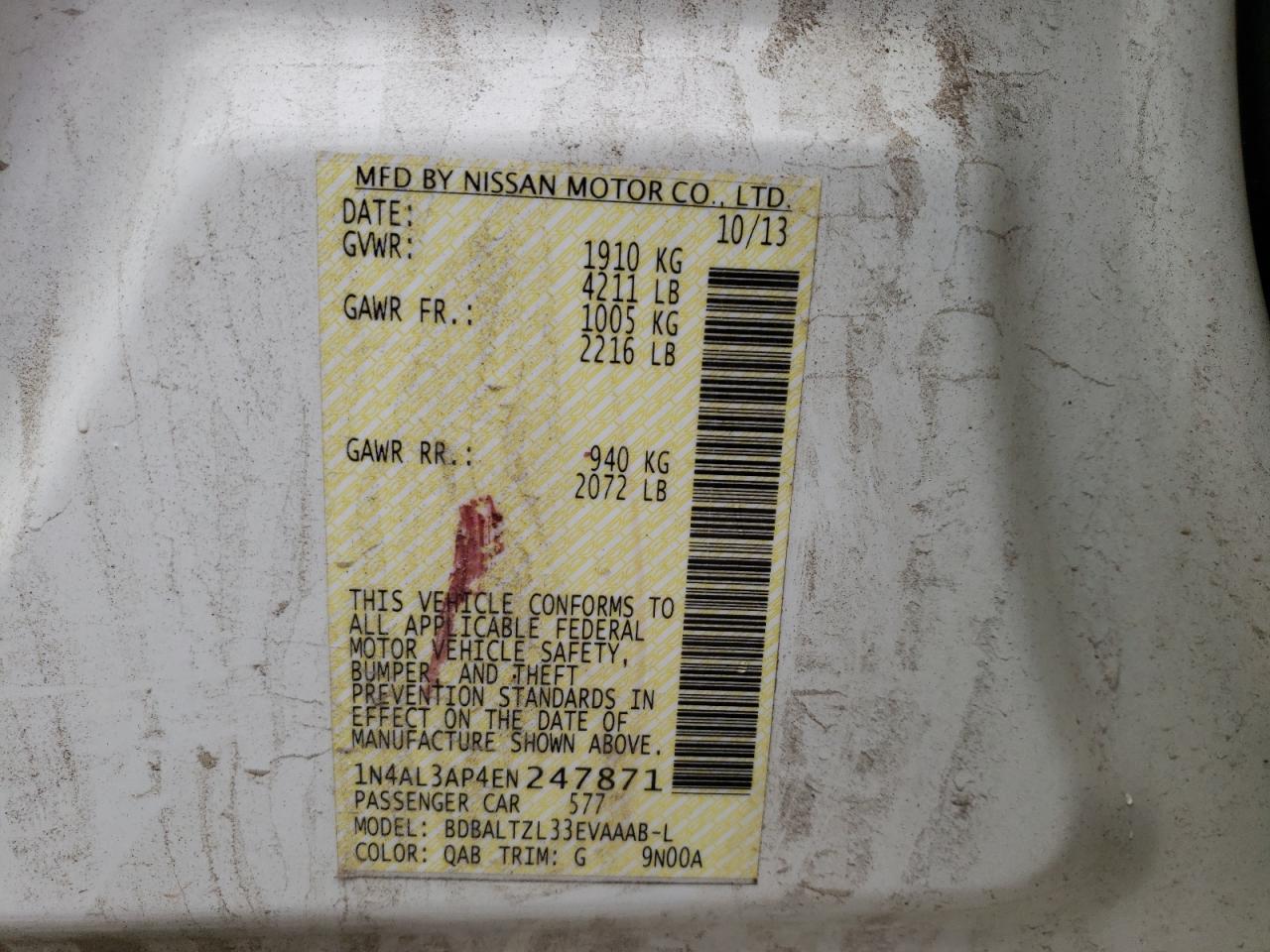 Photo 10 from auction – 2014 NISSAN ALTIMA 2.5 with VIN 1N4AL3AP4EN247871