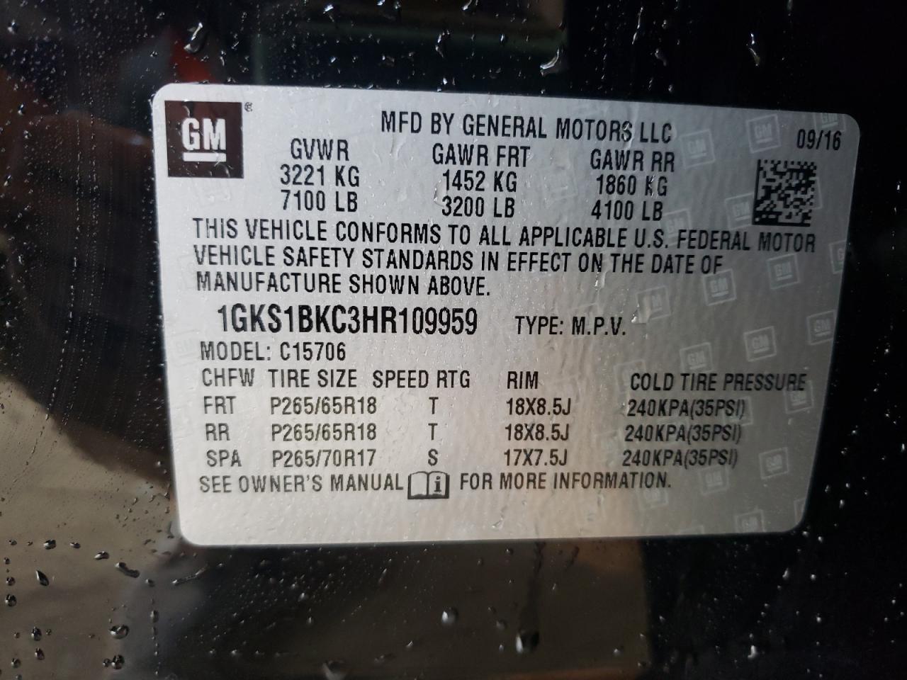 Photo 10 from auction – 2017 GMC YUKON SLT with VIN 1GKS1BKC3HR109959