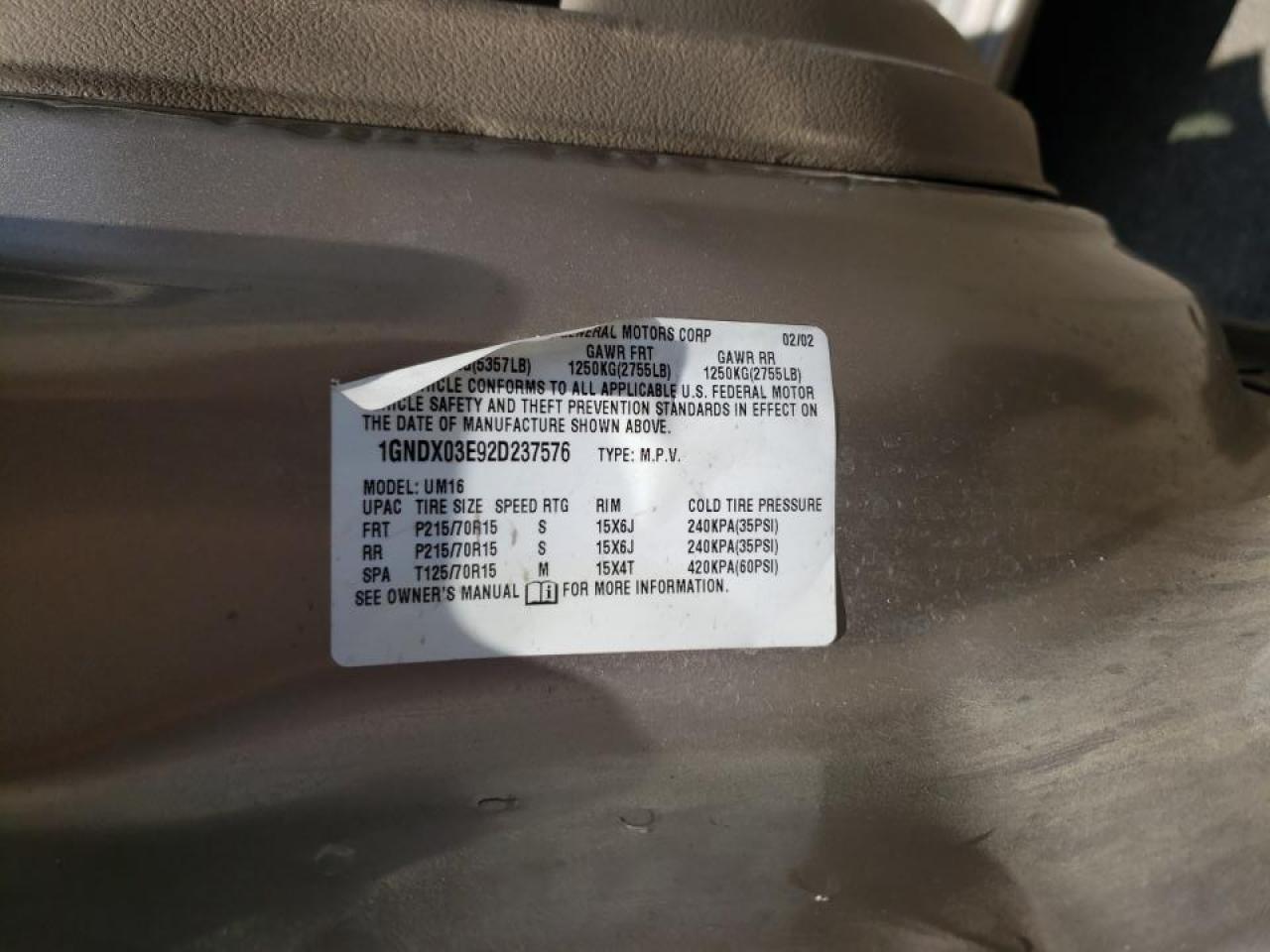 Photo 10 from auction – 2002 CHEVROLET VENTURE with VIN 1GNDX03E92D237576