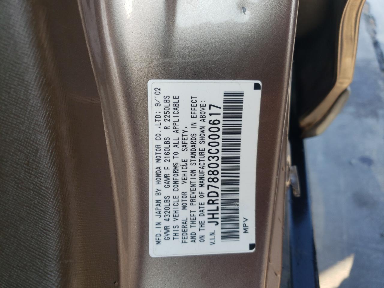 Photo 10 from auction – 2003 HONDA CR-V EX with VIN JHLRD78803C000617