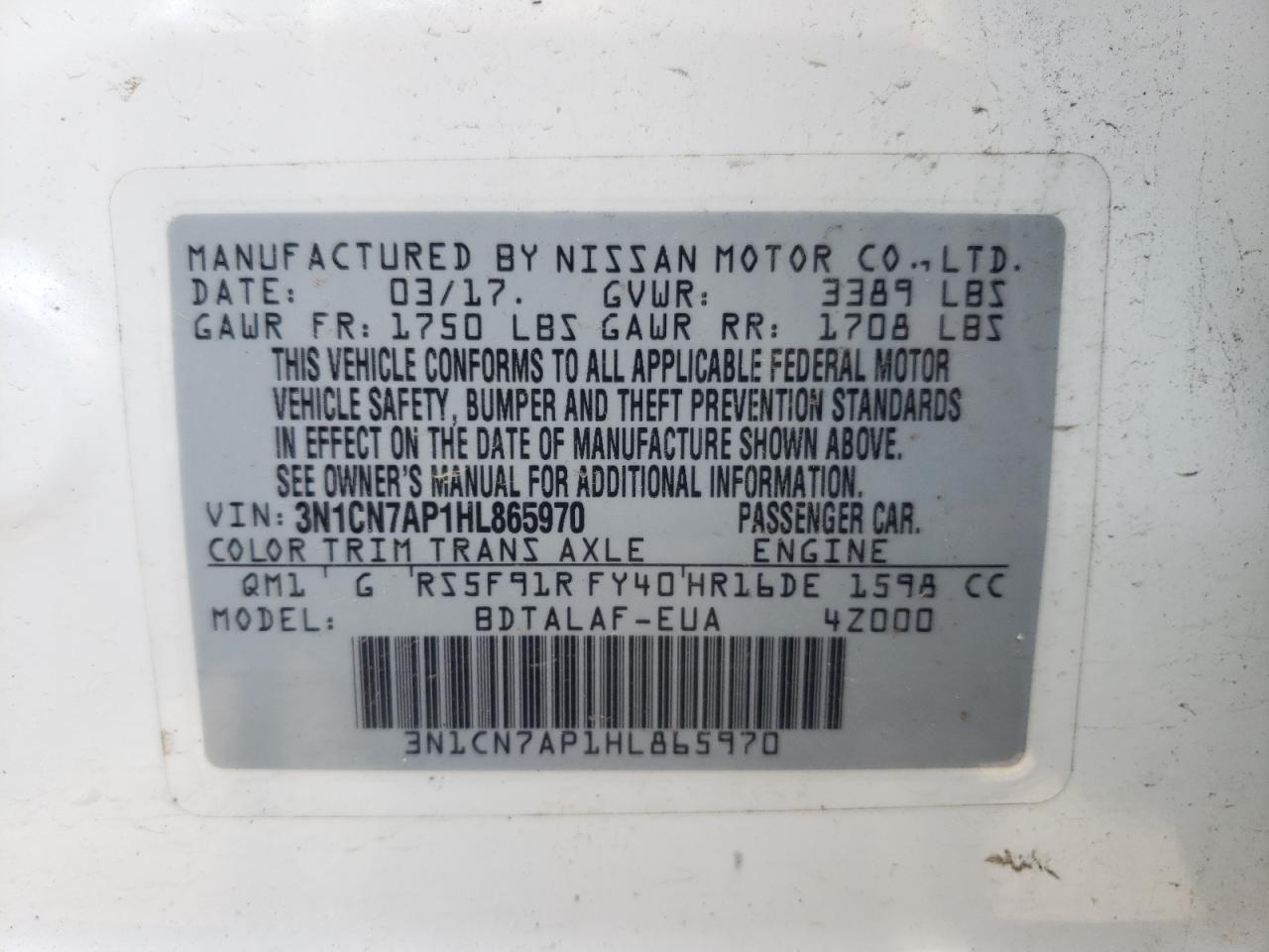 Photo 10 from auction – 2017 NISSAN VERSA S with VIN 3N1CN7AP1HL865970