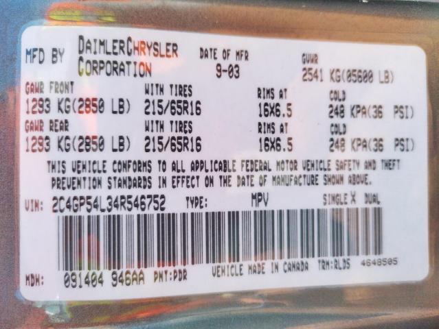 Photo 10 from auction – 2004 CHRYSLER TOWN & COU with VIN 2C4GP54L34R546752
